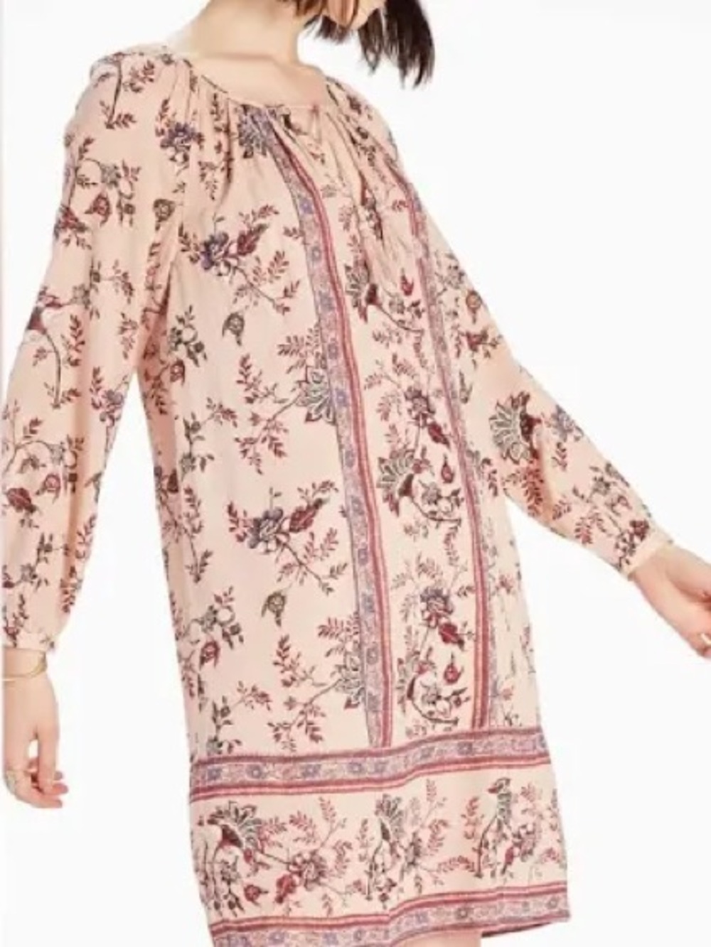 Lucky Brand Pink Floral Tie Neck Dress with Burgundy & Navy Accents